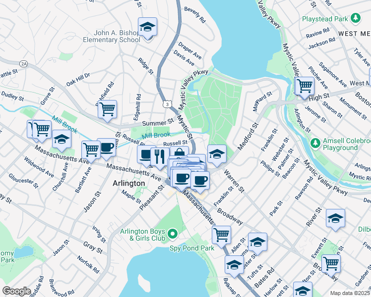 map of restaurants, bars, coffee shops, grocery stores, and more near 55 Massachusetts 60 in Arlington