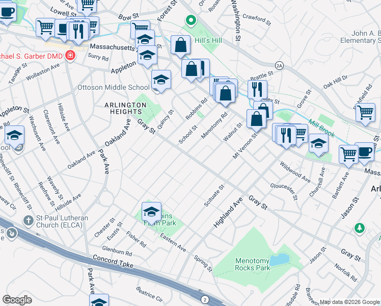 map of restaurants, bars, coffee shops, grocery stores, and more near 7 Pine Ridge Road in Arlington