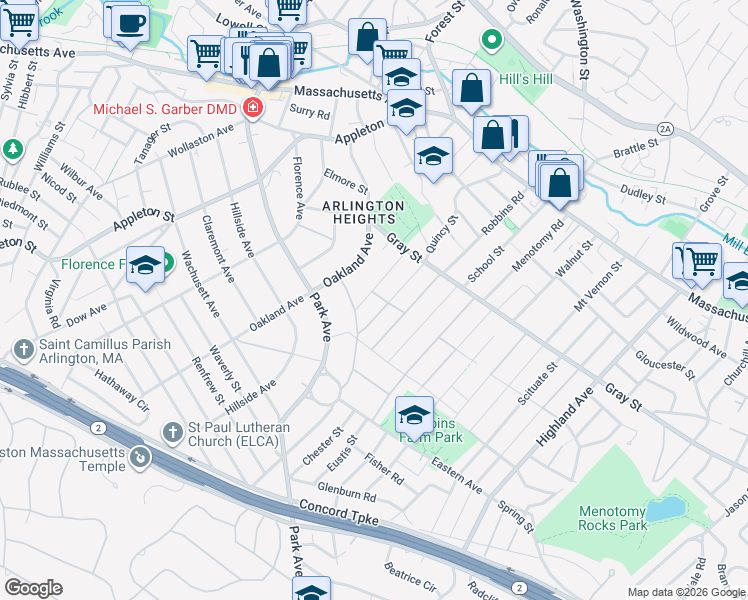 map of restaurants, bars, coffee shops, grocery stores, and more near 70 Fountain Road in Arlington