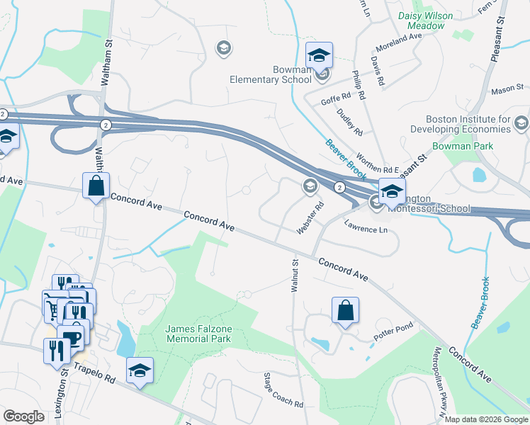 map of restaurants, bars, coffee shops, grocery stores, and more near 35 Webster Road in Lexington