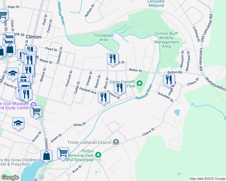 map of restaurants, bars, coffee shops, grocery stores, and more near 21 Spruce Street in Clinton