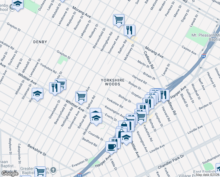 map of restaurants, bars, coffee shops, grocery stores, and more near 9930 Yorkshire Road in Detroit