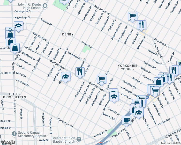 map of restaurants, bars, coffee shops, grocery stores, and more near 10531 Beaconsfield Street in Detroit