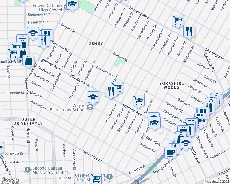 map of restaurants, bars, coffee shops, grocery stores, and more near 10707 Whittier Avenue in Detroit
