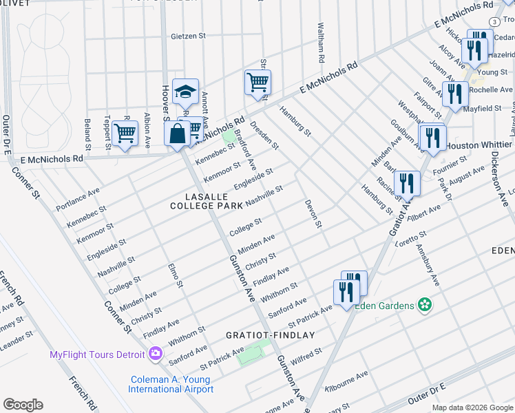 map of restaurants, bars, coffee shops, grocery stores, and more near 11836 College Street in Detroit