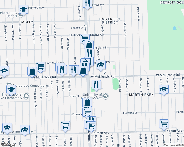 map of restaurants, bars, coffee shops, grocery stores, and more near in Detroit