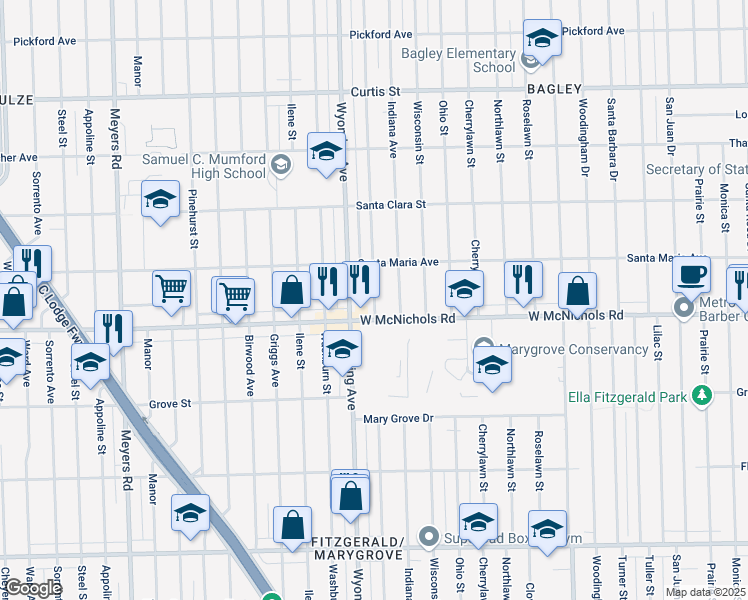 map of restaurants, bars, coffee shops, grocery stores, and more near 8930 West McNichols Road in Detroit