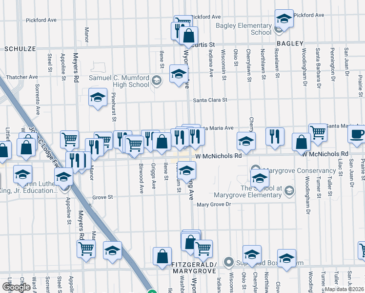 map of restaurants, bars, coffee shops, grocery stores, and more near 10100 West McNichols Road in Detroit