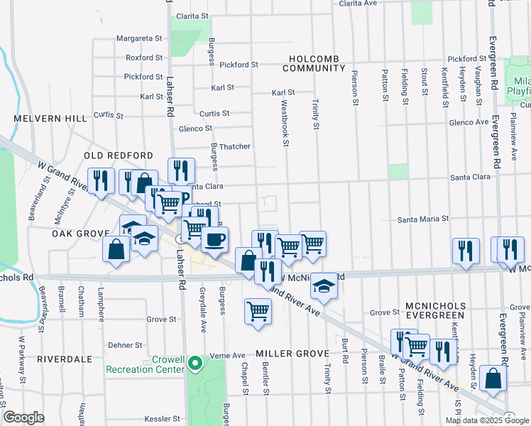 map of restaurants, bars, coffee shops, grocery stores, and more near 17251 Bentler Street in Detroit