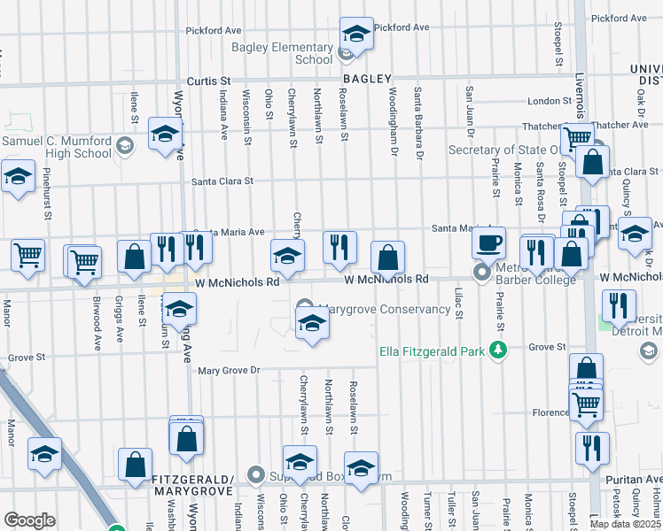 map of restaurants, bars, coffee shops, grocery stores, and more near 17132 Northlawn Street in Detroit
