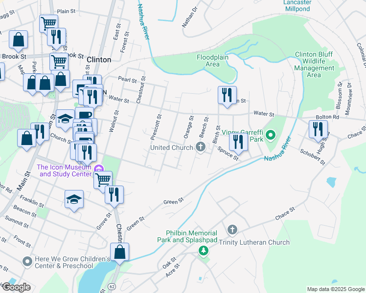 map of restaurants, bars, coffee shops, grocery stores, and more near 51 Orange St in Clinton