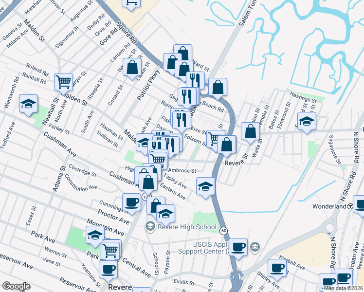 map of restaurants, bars, coffee shops, grocery stores, and more near 4 Carleton Street in Revere