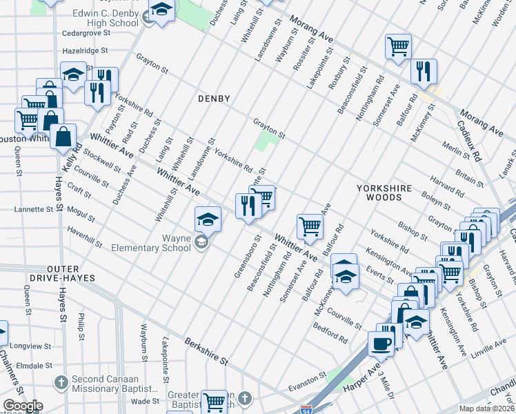 map of restaurants, bars, coffee shops, grocery stores, and more near 10707 Whittier Avenue in Detroit