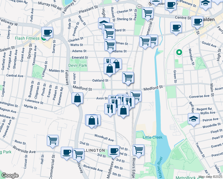 map of restaurants, bars, coffee shops, grocery stores, and more near Highland Ave & Medford St in Malden