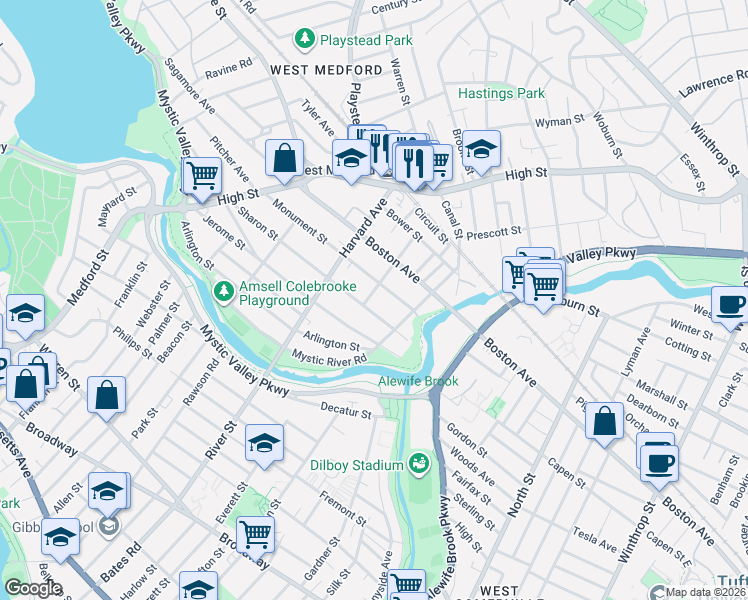 map of restaurants, bars, coffee shops, grocery stores, and more near 148 Jerome Street in Medford