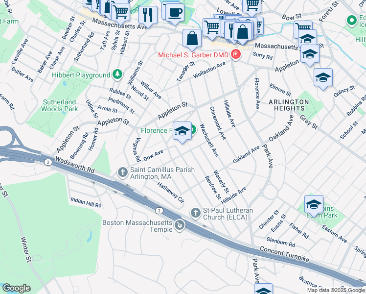 map of restaurants, bars, coffee shops, grocery stores, and more near 185 Florence Avenue in Arlington