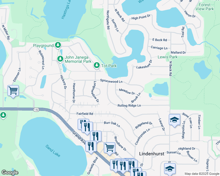 map of restaurants, bars, coffee shops, grocery stores, and more near 76 Witchwood Lane in Lindenhurst