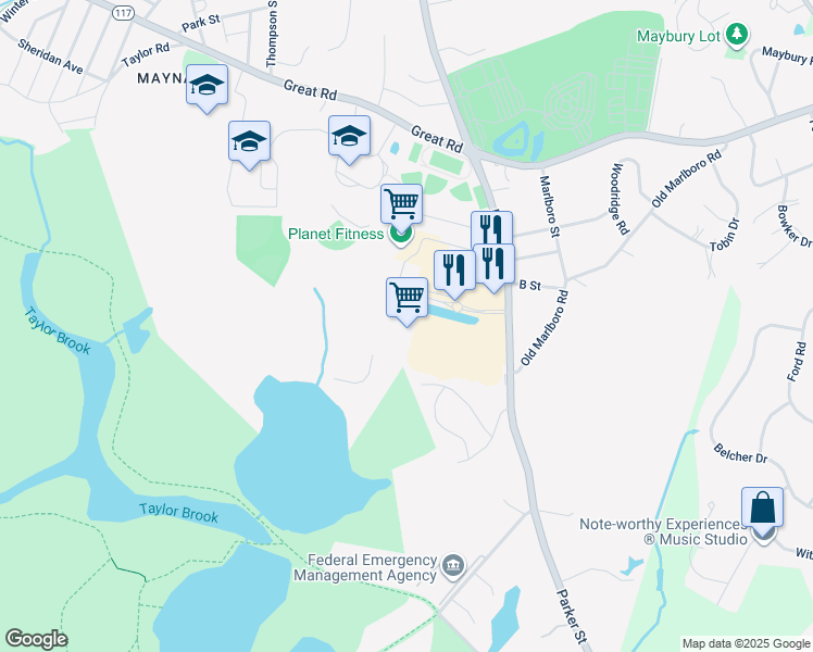 map of restaurants, bars, coffee shops, grocery stores, and more near 129 Parker Street in Maynard