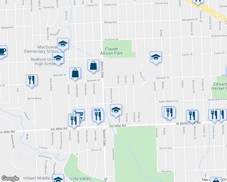 map of restaurants, bars, coffee shops, grocery stores, and more near 17390 Glenmore in Redford Charter Township