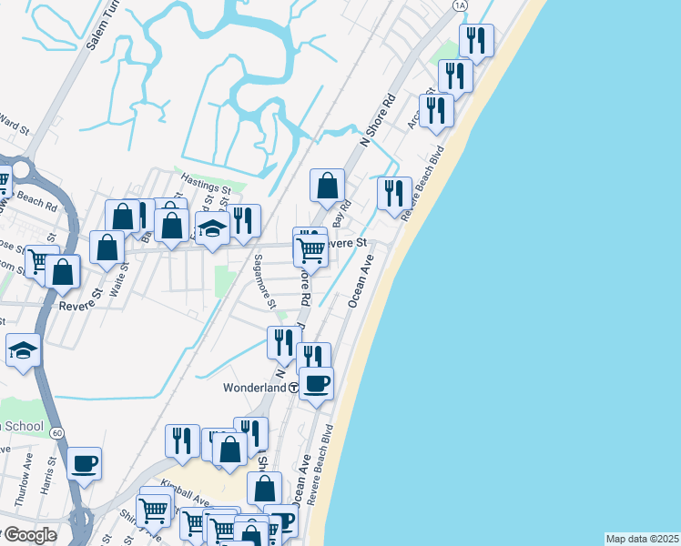 map of restaurants, bars, coffee shops, grocery stores, and more near 565 Revere Street in Revere