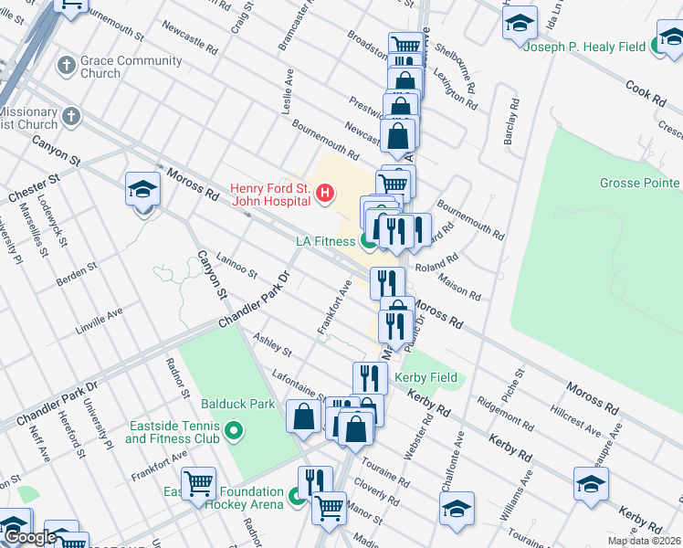 map of restaurants, bars, coffee shops, grocery stores, and more near 5229 Hillcrest Street in Grosse Pointe