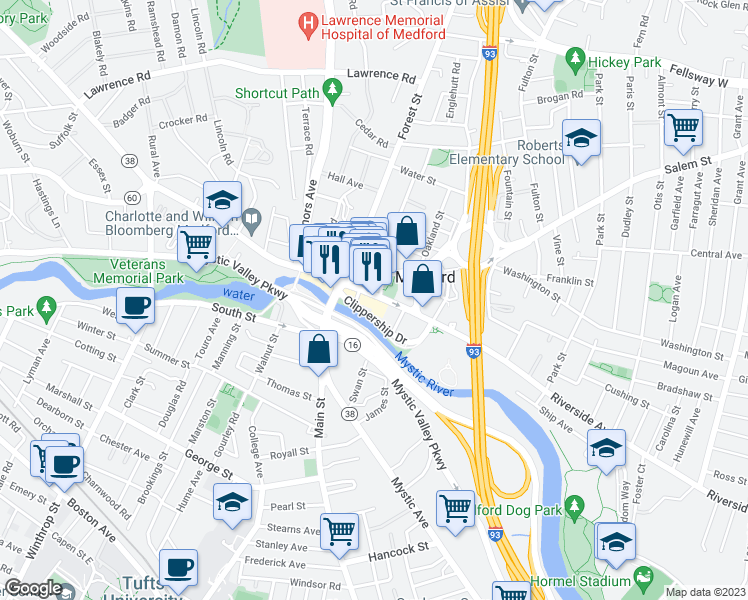 map of restaurants, bars, coffee shops, grocery stores, and more near 41 Riverside Avenue in Medford