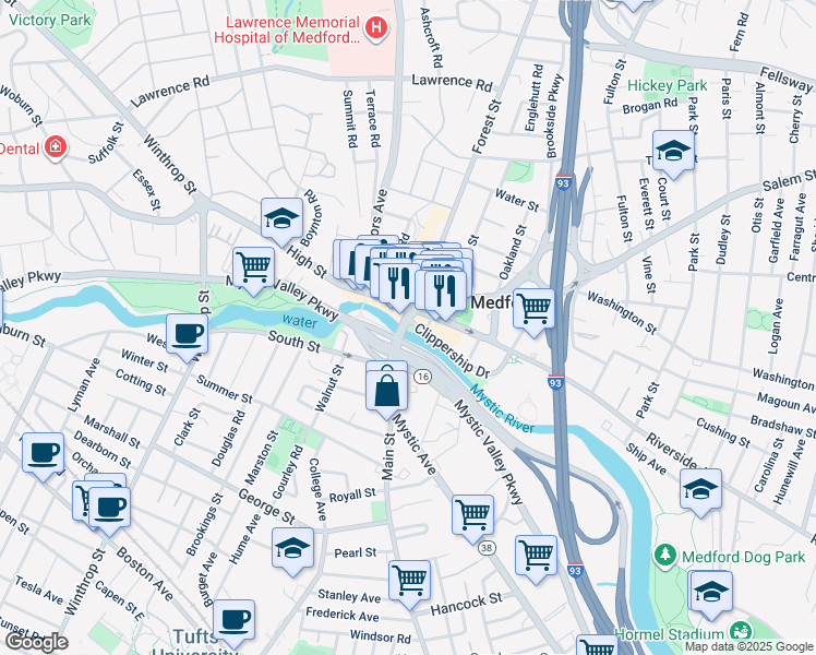 map of restaurants, bars, coffee shops, grocery stores, and more near in Medford