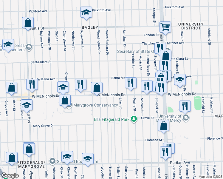 map of restaurants, bars, coffee shops, grocery stores, and more near 17134 Santa Barbara Drive in Detroit