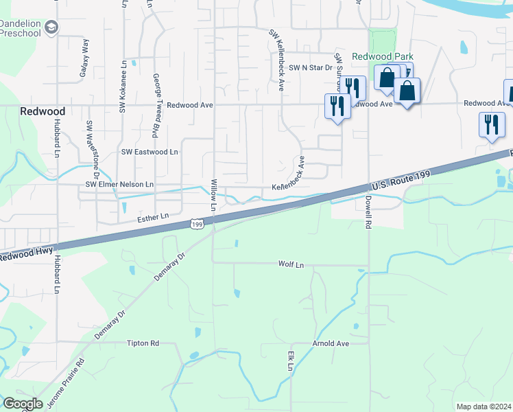 map of restaurants, bars, coffee shops, grocery stores, and more near 1763 Medart Lane in Grants Pass