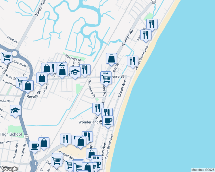 map of restaurants, bars, coffee shops, grocery stores, and more near 7 Agawam Street in Revere