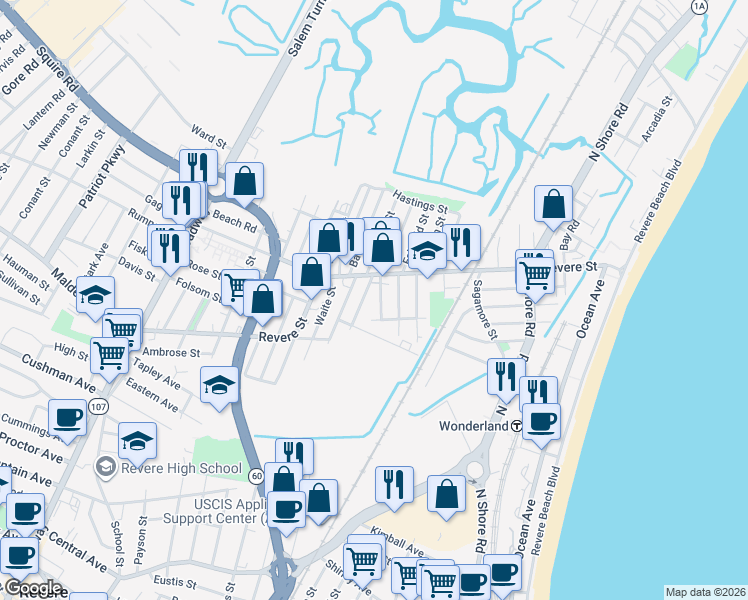 map of restaurants, bars, coffee shops, grocery stores, and more near 1 Washington Street in Revere