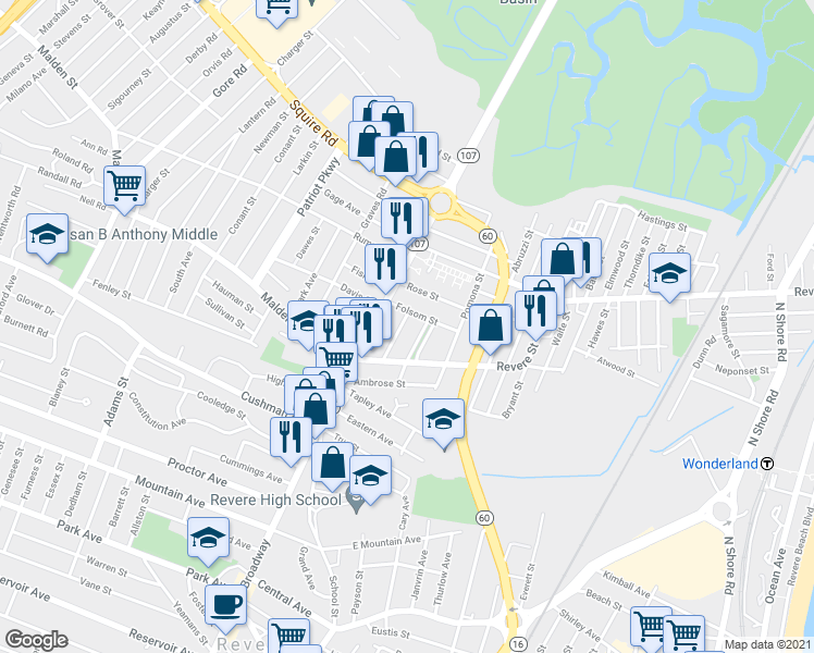 map of restaurants, bars, coffee shops, grocery stores, and more near 10 Lee Street in Revere