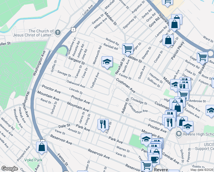 map of restaurants, bars, coffee shops, grocery stores, and more near 262 Oakwood Avenue in Revere