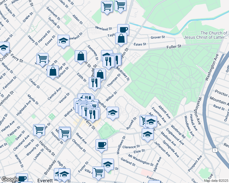 map of restaurants, bars, coffee shops, grocery stores, and more near 29 Wilbur Street in Everett