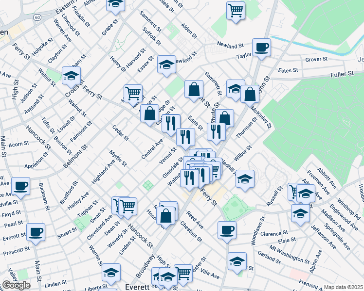 map of restaurants, bars, coffee shops, grocery stores, and more near 405 Ferry Street in Everett
