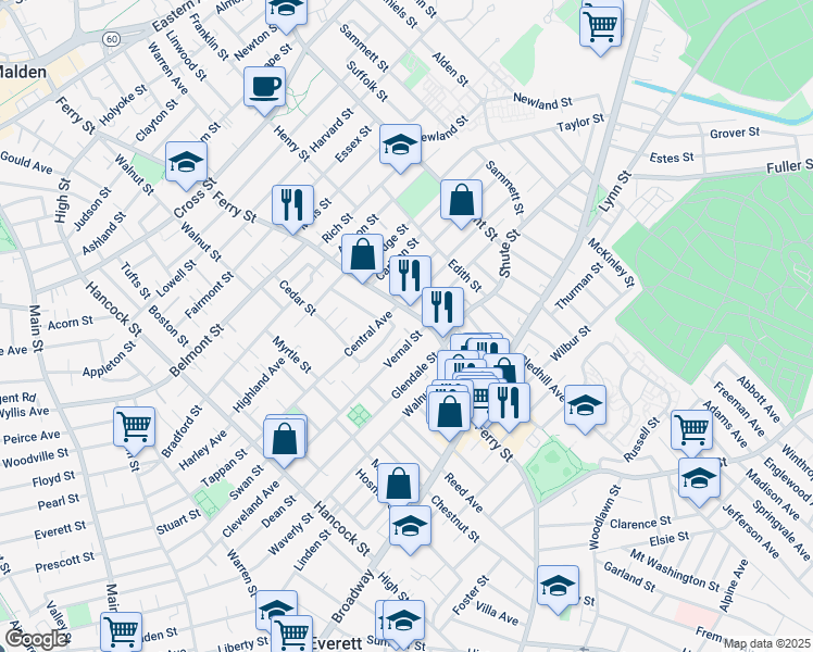 map of restaurants, bars, coffee shops, grocery stores, and more near 153 Vernal Street in Everett