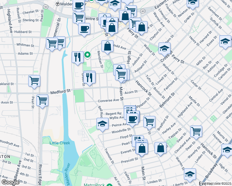 map of restaurants, bars, coffee shops, grocery stores, and more near 2 Converse Avenue in Malden