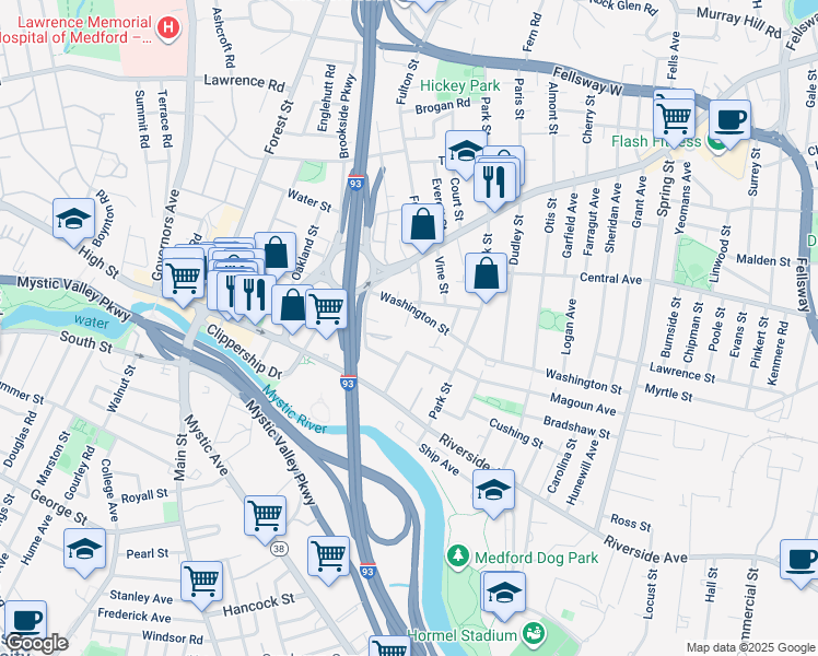 map of restaurants, bars, coffee shops, grocery stores, and more near 44 Pleasant Street in Medford