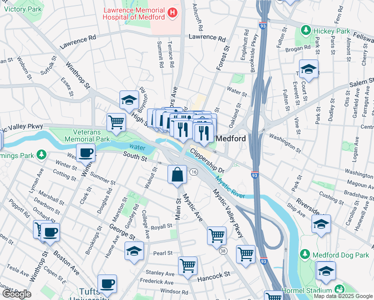 map of restaurants, bars, coffee shops, grocery stores, and more near in Medford