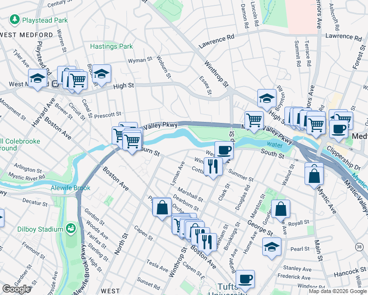 map of restaurants, bars, coffee shops, grocery stores, and more near 17-21 Lyman Avenue in Medford
