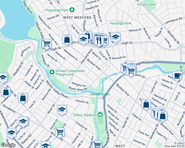 map of restaurants, bars, coffee shops, grocery stores, and more near 210 Arlington Street in Medford