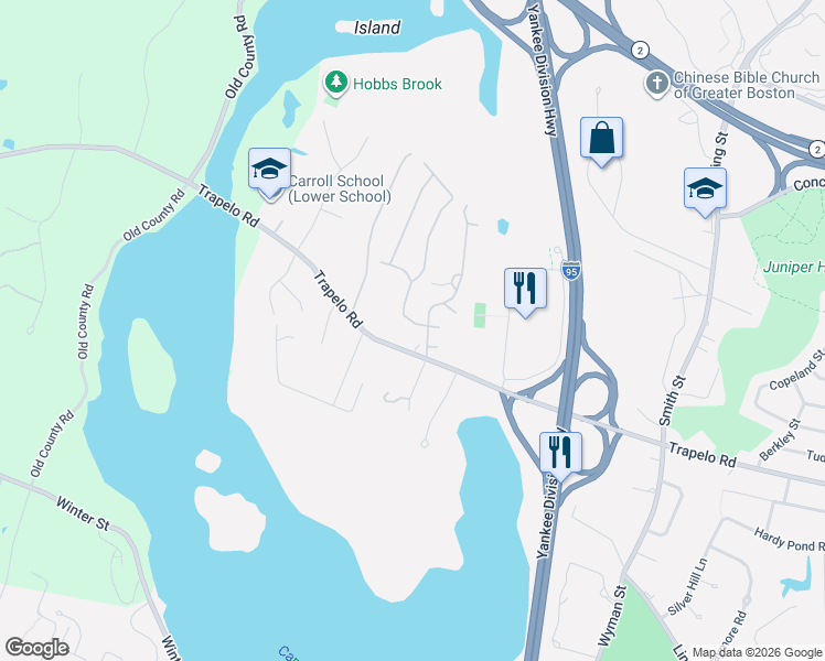 map of restaurants, bars, coffee shops, grocery stores, and more near 1690 Trapelo Road in Waltham