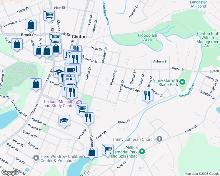 map of restaurants, bars, coffee shops, grocery stores, and more near 25 Prescott Street in Clinton