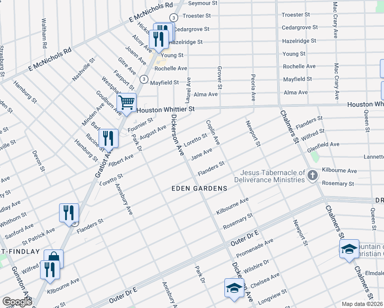 map of restaurants, bars, coffee shops, grocery stores, and more near 13037 Flanders Street in Detroit