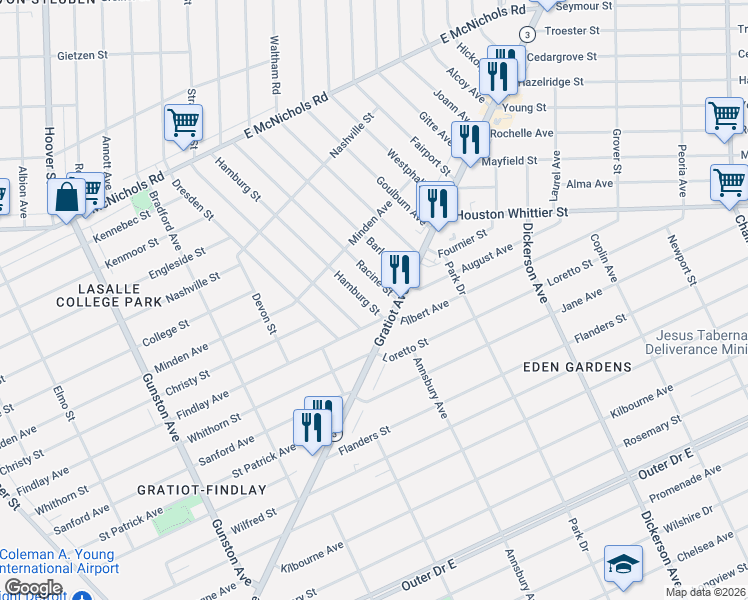 map of restaurants, bars, coffee shops, grocery stores, and more near 12417 Findlay Avenue in Detroit