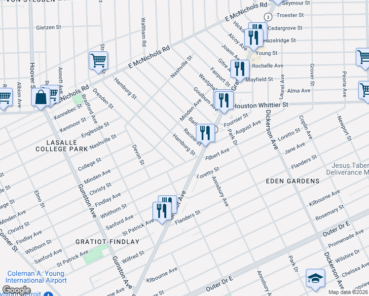 map of restaurants, bars, coffee shops, grocery stores, and more near 12417 Findlay Avenue in Detroit