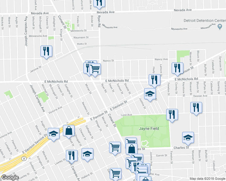 map of restaurants, bars, coffee shops, grocery stores, and more near 13546 Ryan Road in Hamtramck
