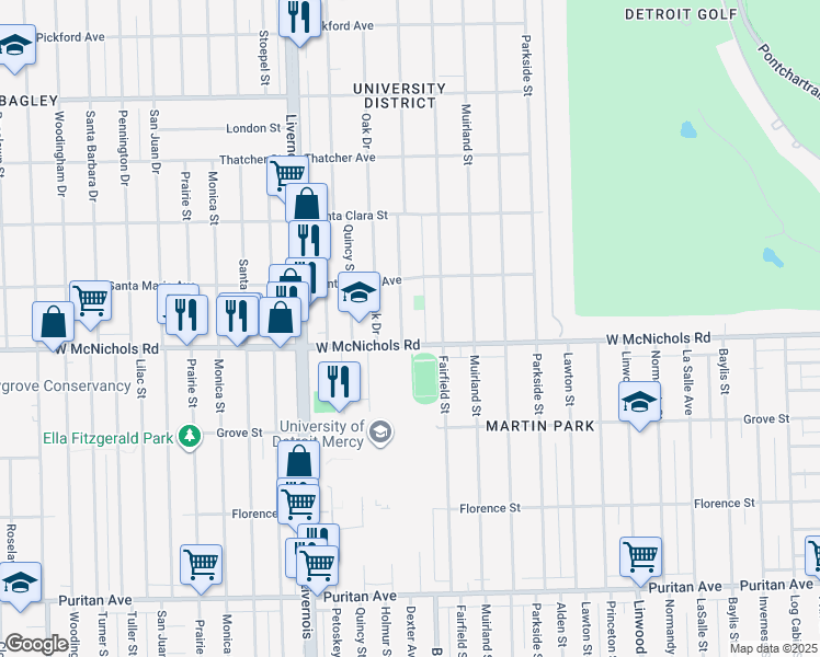 map of restaurants, bars, coffee shops, grocery stores, and more near 3716 West McNichols Road in Detroit