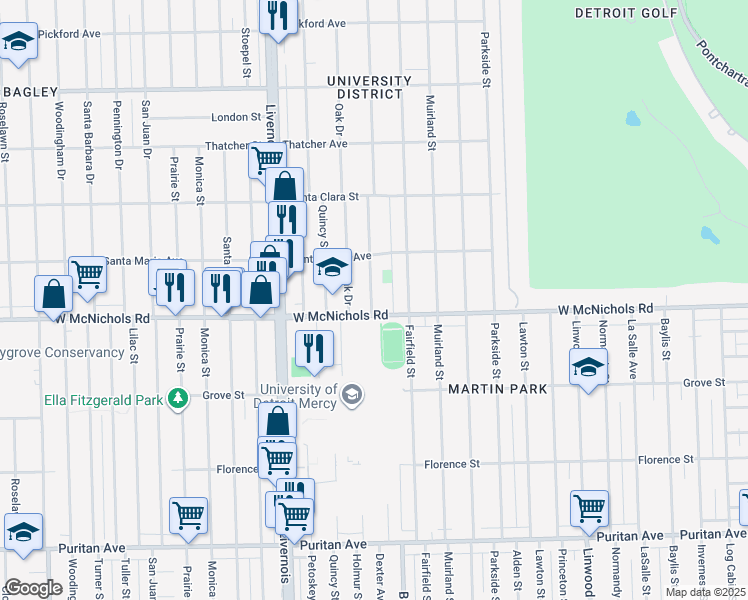 map of restaurants, bars, coffee shops, grocery stores, and more near 3856 West McNichols Road in Detroit