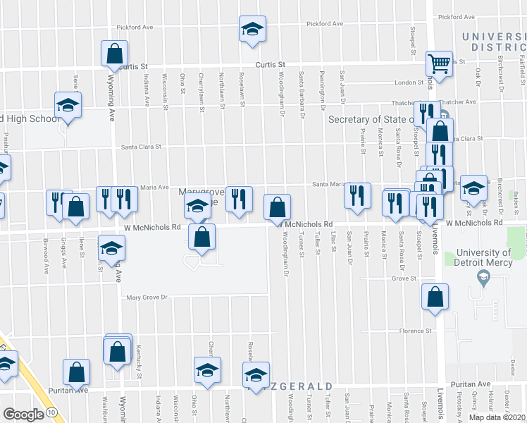 map of restaurants, bars, coffee shops, grocery stores, and more near 8031 West McNichols Road in Detroit